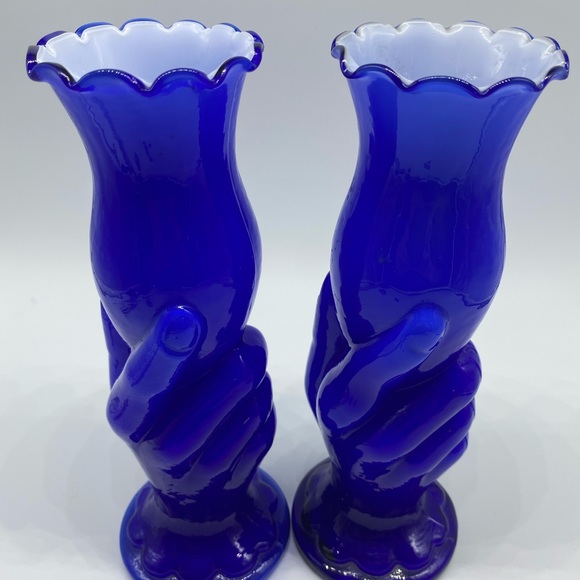 Victorian Cobalt Blue Vintage Vase Pair with Hands - Picture 1 of 5